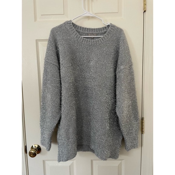 J. Crew Relaxed Crew Neck Sweater Metallic Silver Brushed Yarn Plus Size 2X - Picture 2 of 5